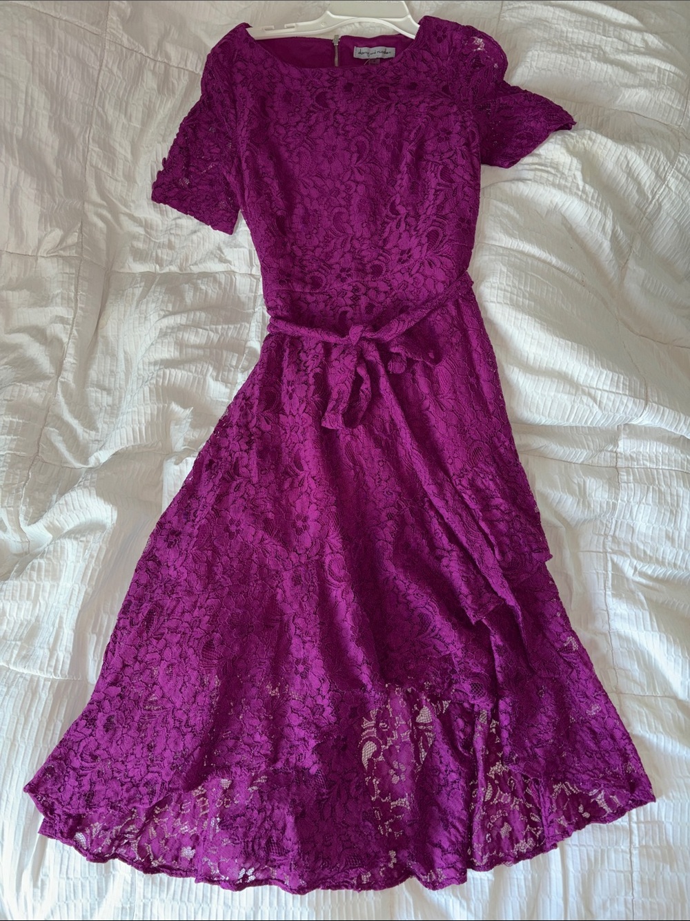 Danny & Nicole Fuchsia Lace Belted Midi Dress